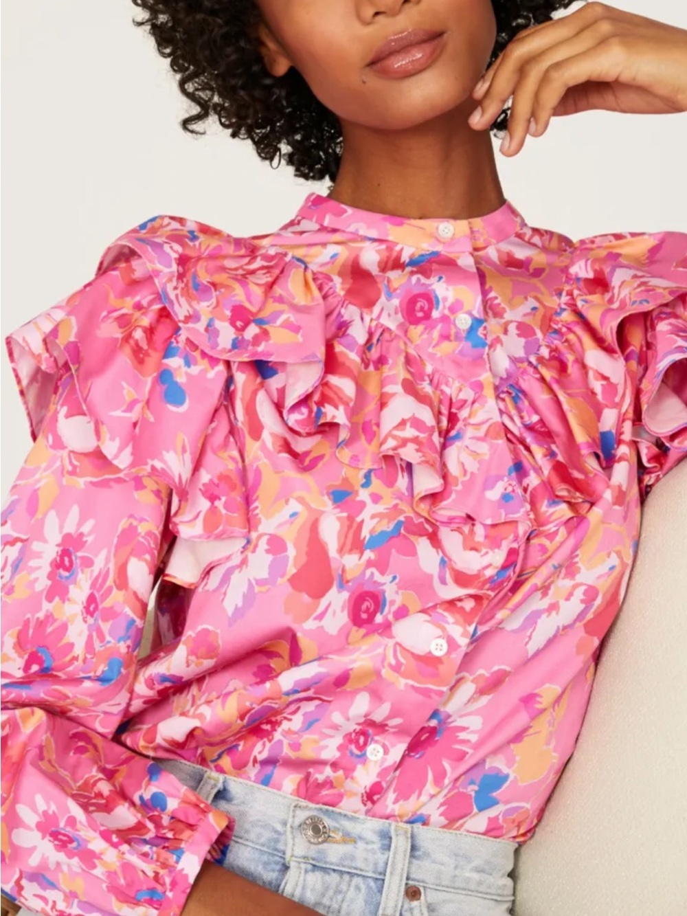 Something Navy Pink Floral Ruffle Statement Blouse 100% Cotton Size S NWT